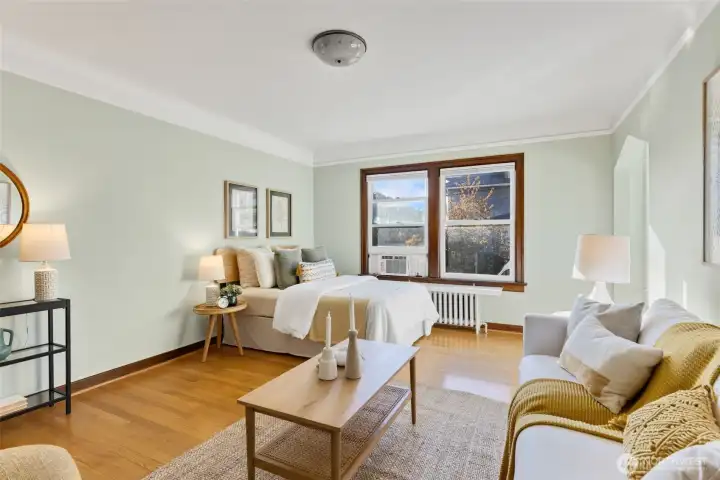 Open space for this studio; plenty of room for a bed and living room set.