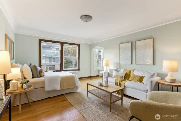 Open space for this studio; plenty of room for a bed and living room set.