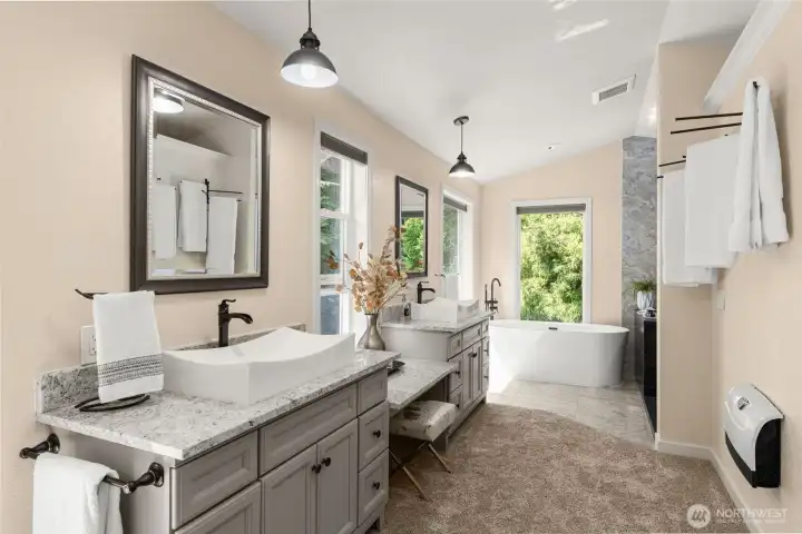 2 Custom Vanities and makeup area in this luxurious Primary Bath remodel!