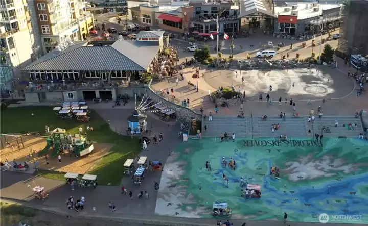 Pt Ruston outdoor community gathering water-fountain/waterfront next to Silver Cloud Hotel famous Copper & Salt restaurant.