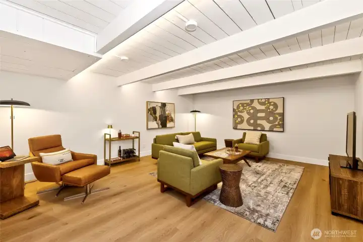 Such a cool hangout space with the tongue-n-groove ceiling and original beams. Mood lighting for your different needs and times with LED lighting on dimmers. Such a cool hangout space with the tongue-n-groove ceiling and original beams. Mood lighting for your different needs and times with LED lighting on dimmers.