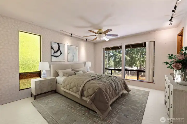 Primary bedroom digitally staged.  This room is LARGE.  Bring your visions and make it your own!