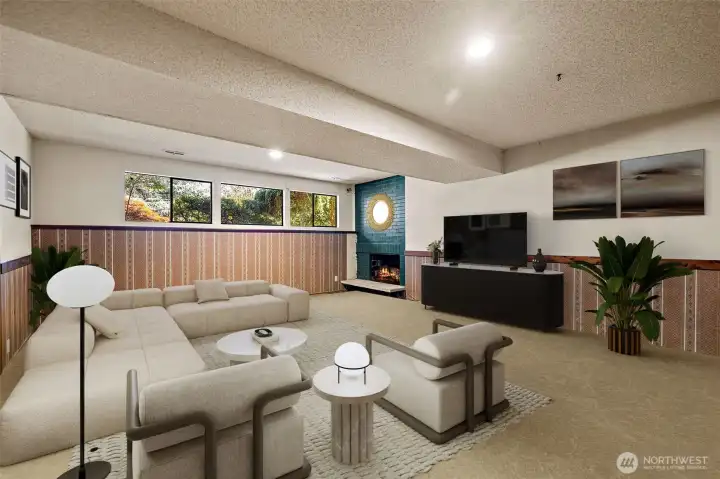 Family room - digitally staged.  This room has MASSIVE potential!