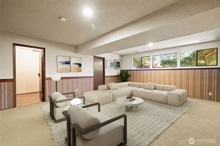 Family room - digitally staged - enormous room could really be amazing