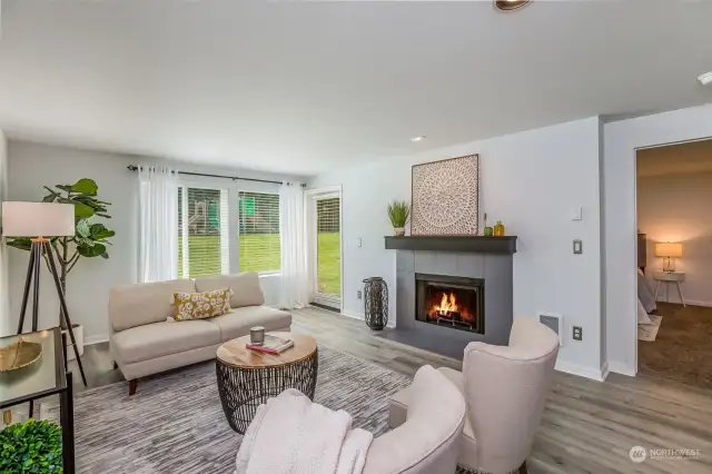 Living area with wood burning fireplace