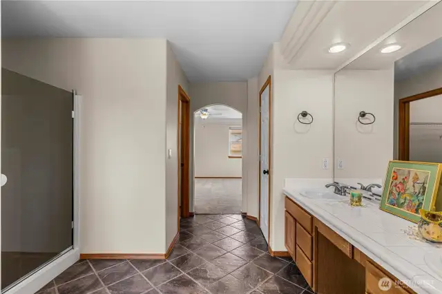 Primary Bedroom with soaking tub and walk in closet.