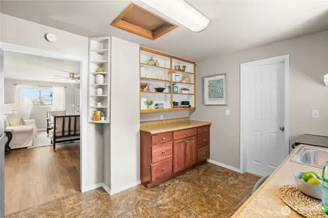 Kitchen with open shelving!  Super functional.  Fun to decorate