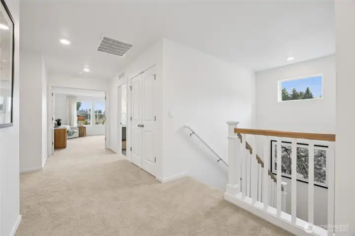 Large hallway upstairs making your space feel very roomy.   Pictures are for representational purposes only, colors and features may vary.