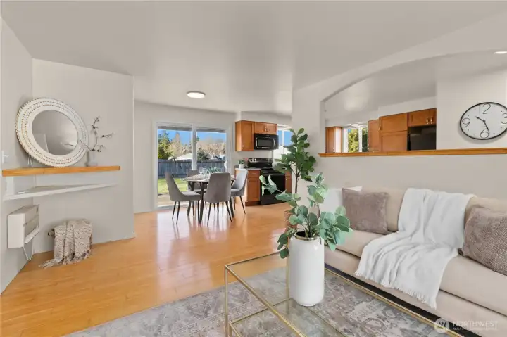 Light abounds in the cozy living room.