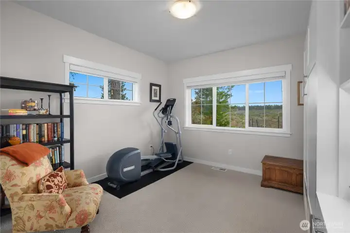 Versatile bedroom two includes a Murphy bed for guests. The Precor elliptical transfers at no cost.