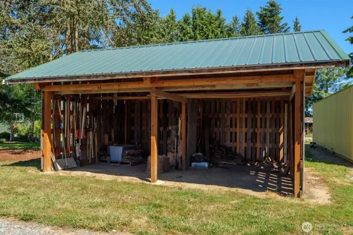 Open air 2 car carport, implement shed or wood shed