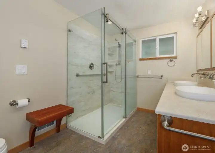 Updated and Upgraded Primary Bathroom with dual vanity