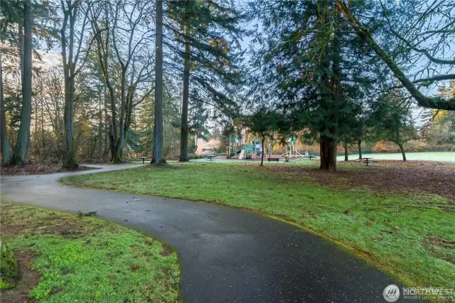 The park offers several paved trails that meander around the trees, ball fields, picnic areas, a large grassy field and a wetland area with wildlife.