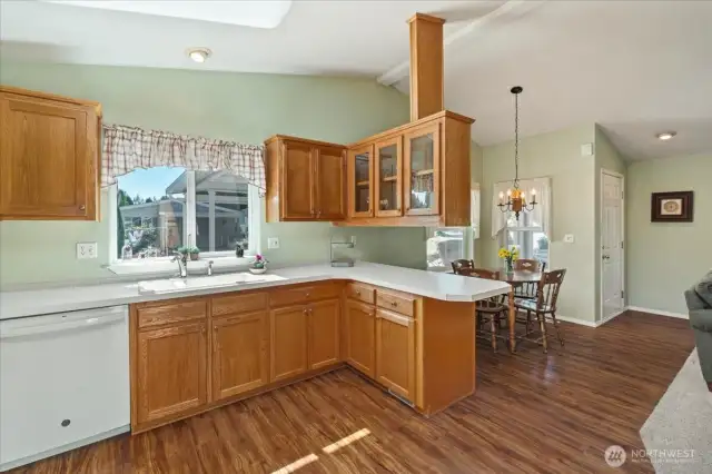 View of the kitchen to the dining space.