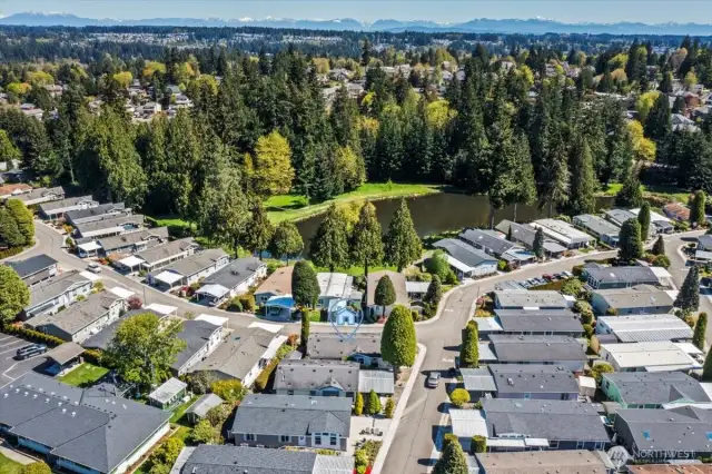 Overhead view of the community lake just a short walk from the home. The guest parking is a short walk to the area you see with cars parked in a row.