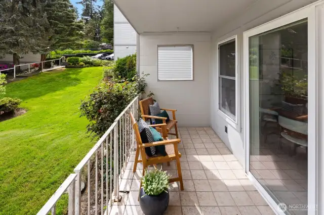 The balcony will be resurfaced and new modern railings will replace the current ones ( no assmt) . The gate opens and is a 2nd ground level entry to the unit. This leads to  the Club house, Pool,  the natural creek, trail and the parking lots.