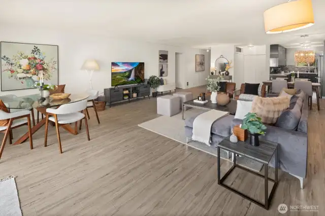 Formal dining area with plenty of options to arrange spaces. Laundry and storage area left of the Kitchen.