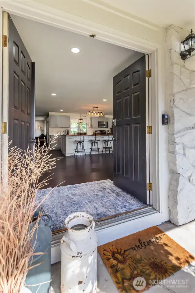 French doors into dining and kitchen areas