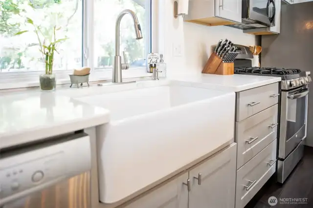 Farm sink in kitchen