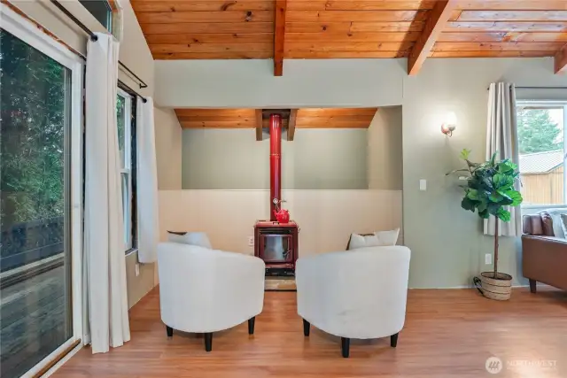 Sip your morning coffee by the wood burning fireplace