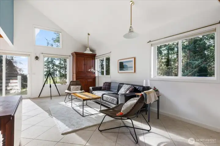 Living room; tile floor with radiant floor heat keeps this home cozy.