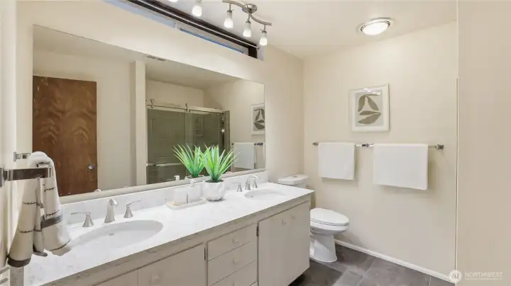 Full bathroom in basement level.