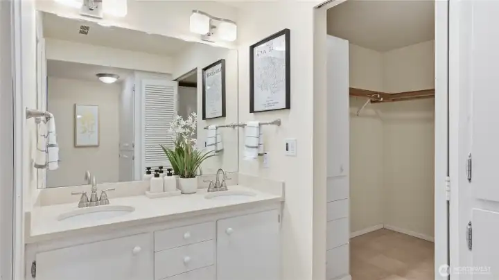 Primary Bathroom with large walk-in closet on basement level.