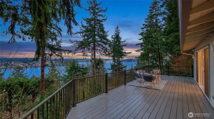 Captivating twilight view of Lake Washington, Newcastle, Renton, Renton Municipal Airport runway & more.