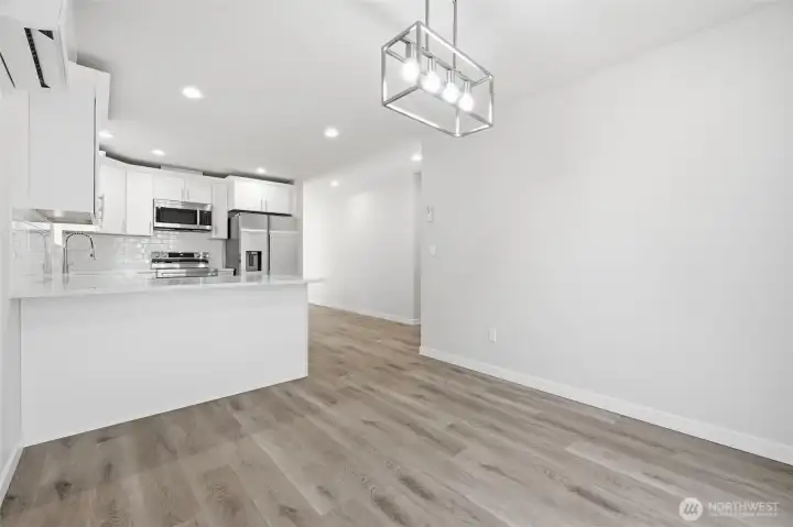 View from dining area to kitchen.