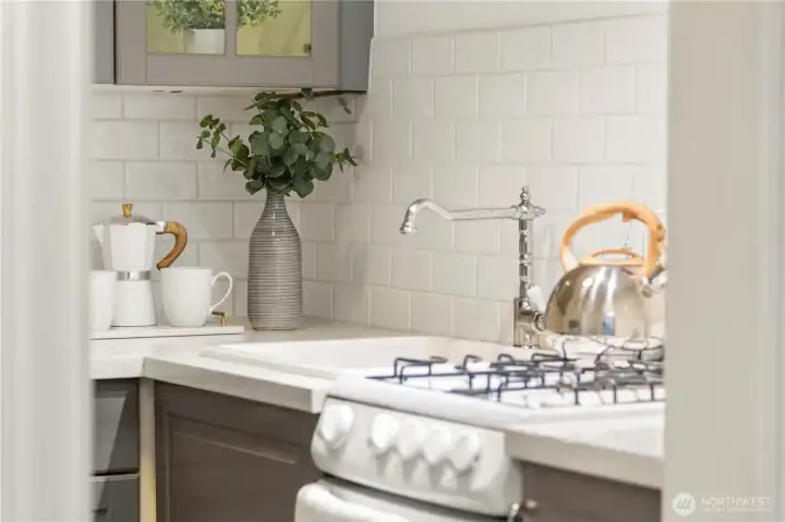 Gas range and subway tile