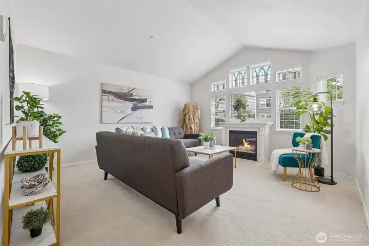 Window framed gas fireplace create an elegant space