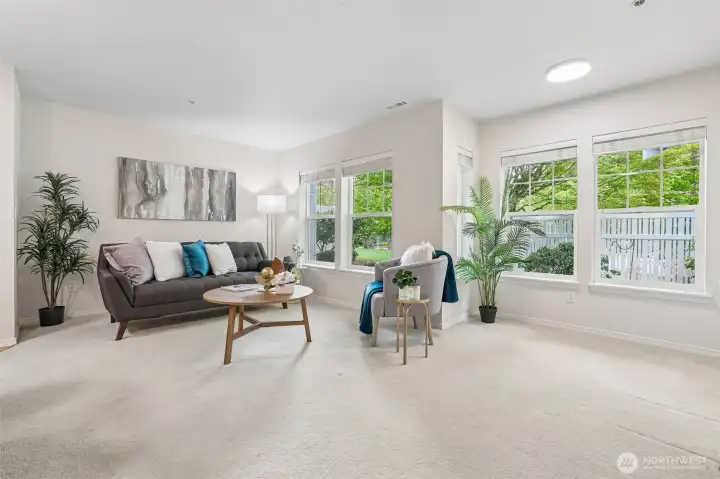 Windows look out to the rear patio area