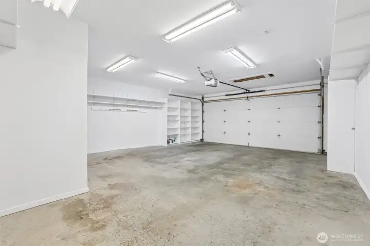 2 car garage with built in shelves