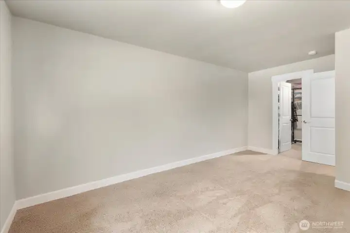 Spacious bedroom with soft natural light and a walk-in closet for added storage.
