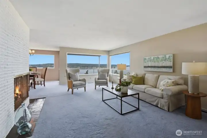 Expansive Living room opens to view deck