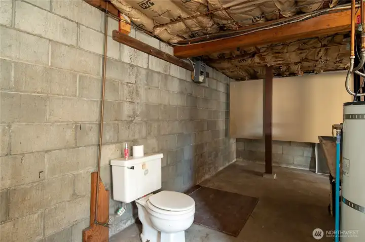 Half bath and water heater in basement. Half bath and water heater in basement.