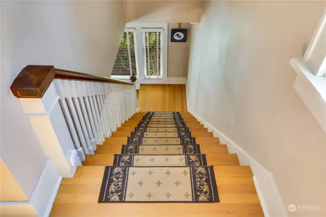 Wide staircase with carpet tread pads.