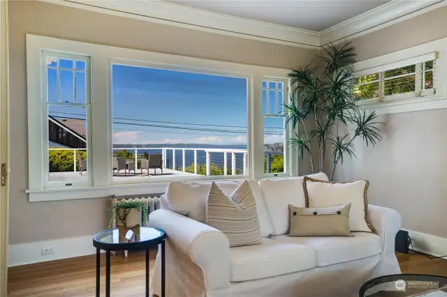 View from the living room overlooking the rear deck and views of Commencement Bay.