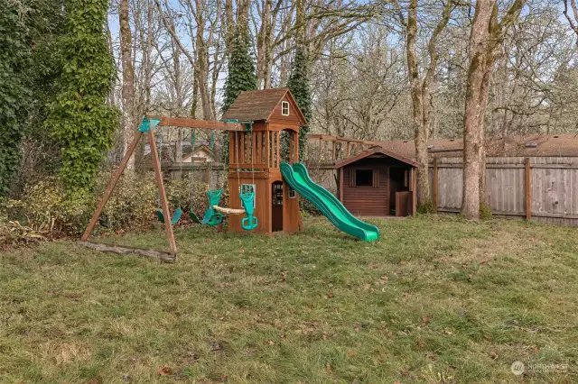 From swings to slides and forts to playhouses, this backyard is an adventure waiting to happen. A play structure, plus a separate playhouse tucked at the back, gives plenty of room for fun, laughter, and creating memories. And with Evergreen Forest Elementary, Nisqually Middle, and River Ridge High Schools close by, school days are a breeze!