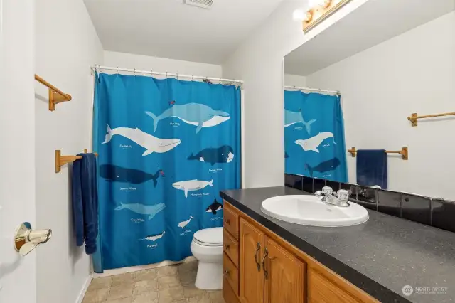 Stretch out in style with an extra-long vanity countertop, perfect for spreading out your morning routine. Six drawers mean storage for everything, while the bathtub and shower surround keep this space as functional as it is fresh.