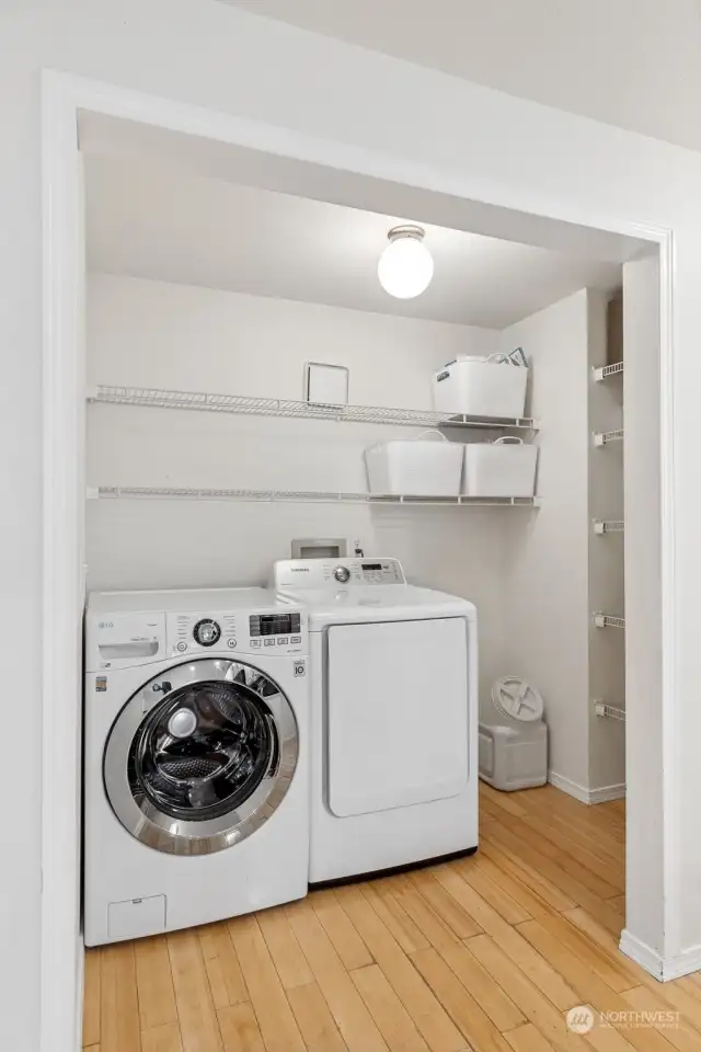 Your laundry room just got an upgrade! Bamboo floors lead you right in, with included washer and dryer, handy storage shelves above, and extra pantry space on the side. All of it is conveniently located just steps from the kitchen, making laundry feel a lot less like a chore.