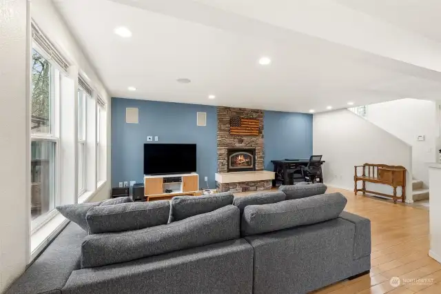 Size and style collide in this family room, with a stacked stone fireplace that goes all the way up to the ceiling. It’s the kind of feature that makes the room feel grand, while still being warm and inviting—just the way you want your space to feel.