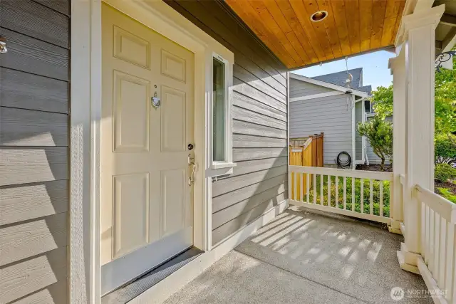 This darling porch is ready for sitting bench and your favorite colorful potted plants.