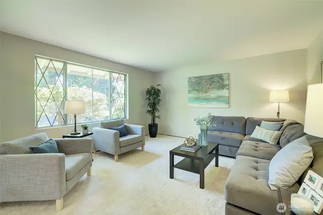 East facing Living Room get lots of natural light. Hardwood floors beneath the carpet.