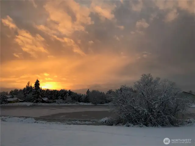 Seller "winter" photo of pond behind house