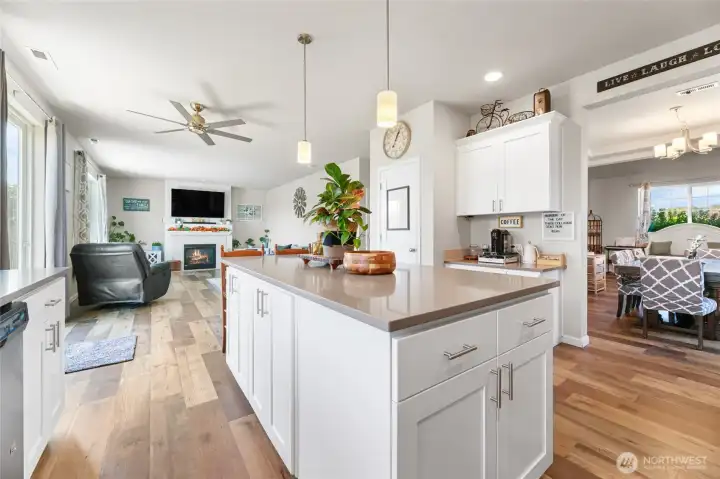 Elegant, bright, open concept kitchen with large center island, quartz countertops,luxury vinyl flooring,