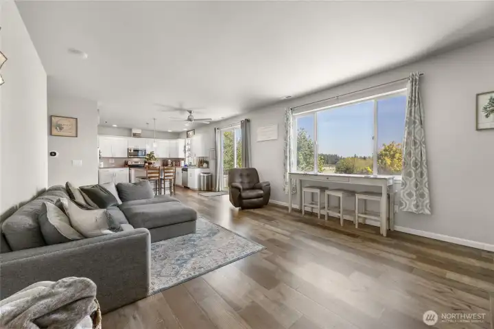 Spacious living room with view of Mt. Rainier