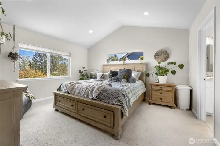 Primary bedroom with vaulted ceilings,