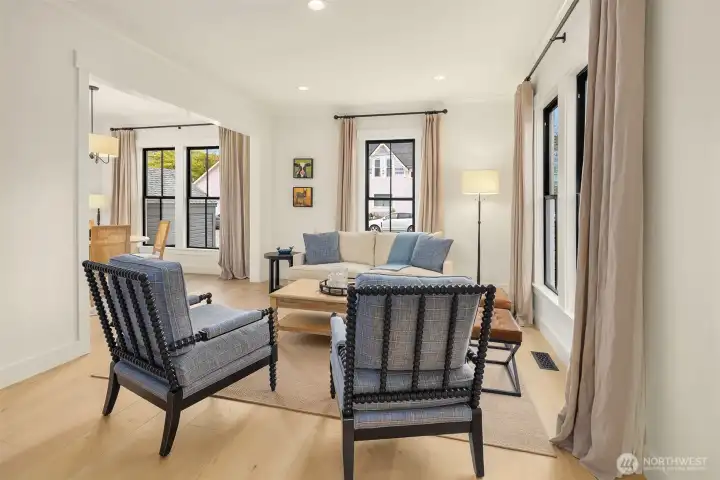 Living room with soaring ceilings.