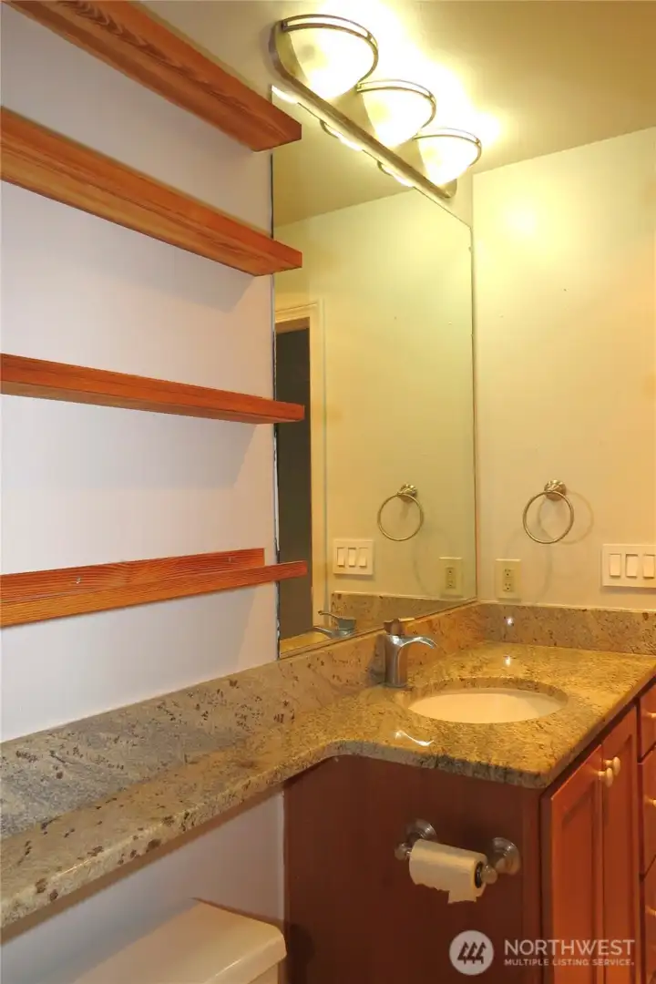 THE BATHROOM VANITY HAS MATCHING GRANITE TOP AND DESIGNER LIGHTING!